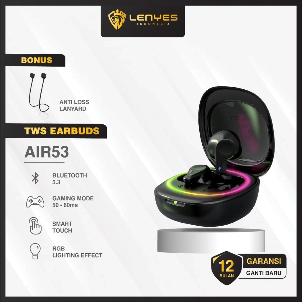 LENYES RGB AIR 53 TWS Earphone Light Wireless Bluetooth 5.3 Headset Hifi Stereo 50ms Low Latency