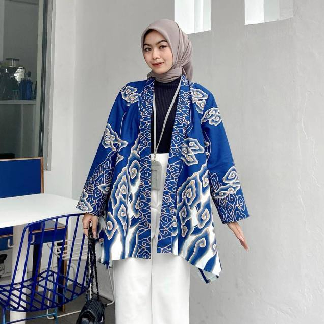 BATIK TRUSMI Atasan Wanita Outer Batik Mega Mendung  PJ Citra Biru