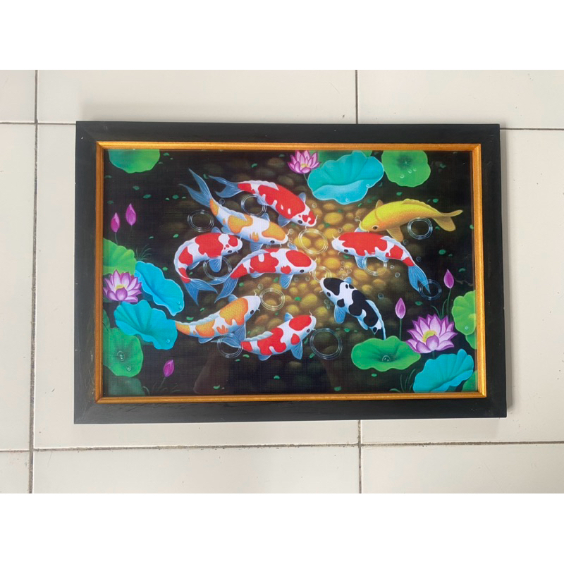 Hiasan Dinding lukisan Cetak Ikan Koi dan bunga teratai indah plus bingkai