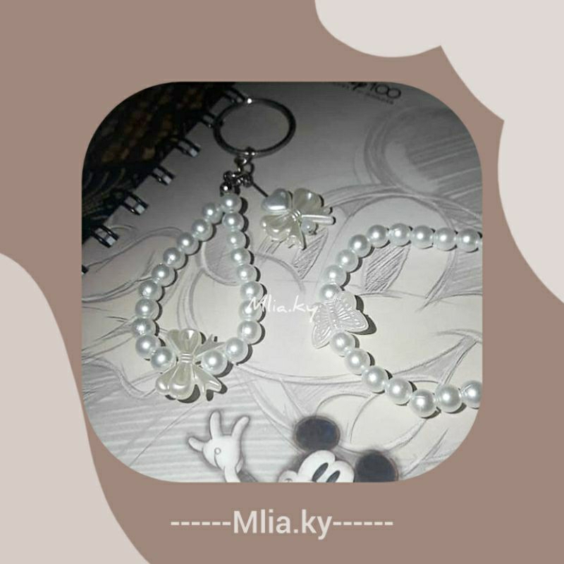 ( TANPA PO ) Gantungan Kunci Manik Pita Mutiara Putih | Korean Style | Gantungan Estetik | Gantungan