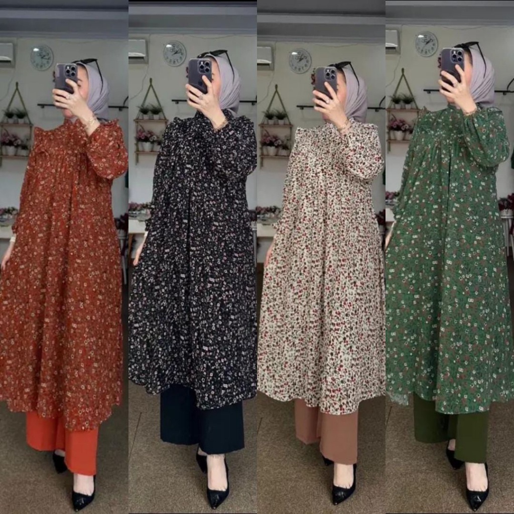 ✨ Amel - Setelan Long Tunik Wanita Indriya Jasmine Setelan Kulot Cringkle Wanita Oneset Midi Tunik C