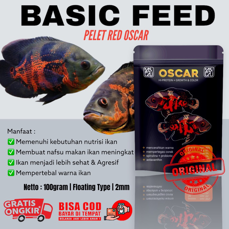 BASIC FEED pelet ikan red oscar tiger oscar albino oscar batik 100gram | makanan ikan predator COD