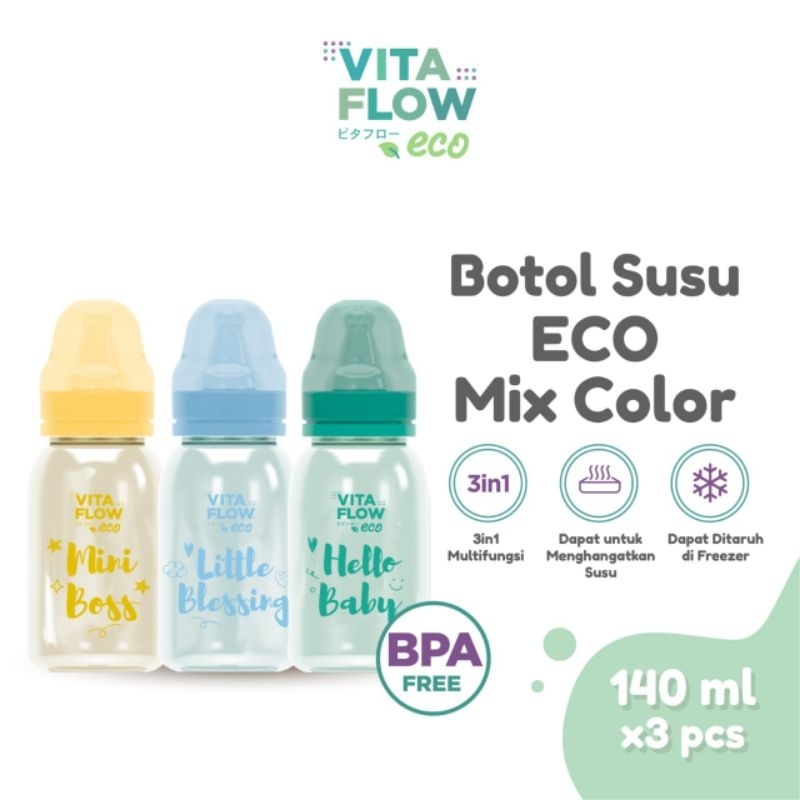 TERMURAH!! VITAFLOW BOTOL SUSU ECO MIX COLOR (ISI 3PCS)