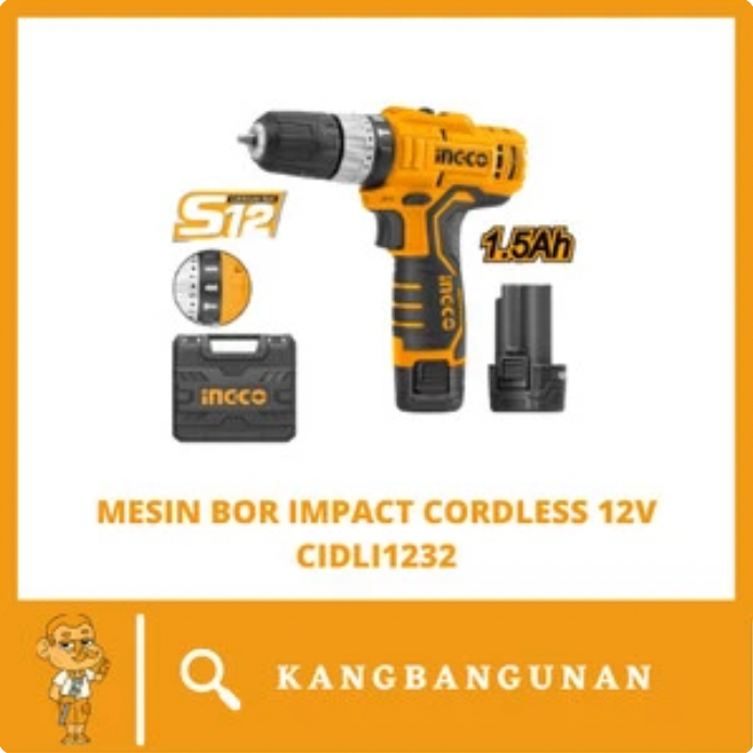 INGCO MESIN BOR IMPACT CORDLESS 12V LITHIUM (1B) + KG CIDLI1232