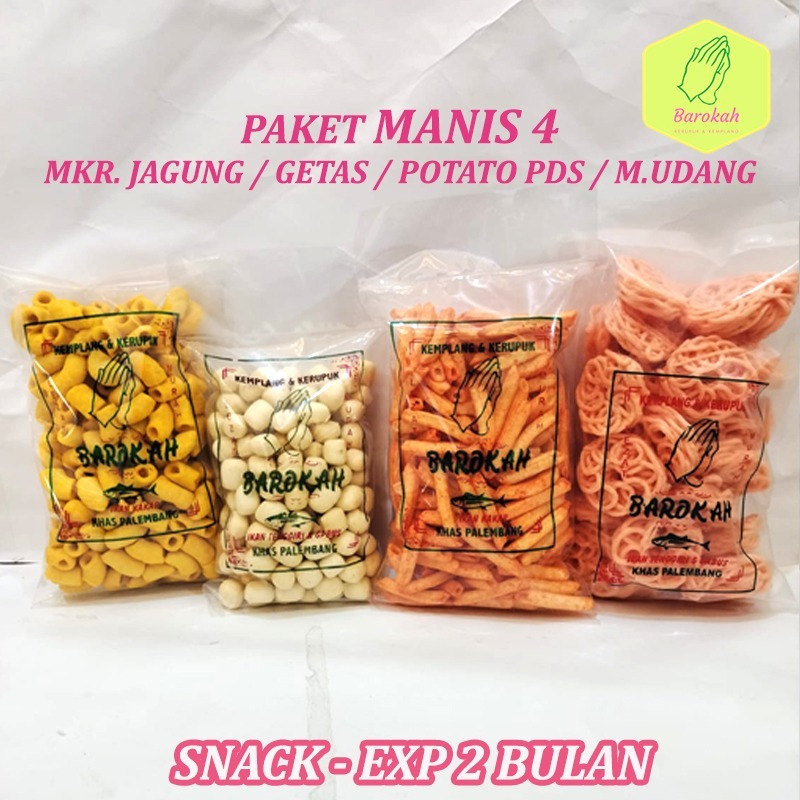 

PAKET MANIS 4 KERUPUK MAKARONI JAGUNG MANIS POTATO PEDAS GETAS MAWAR UDANG