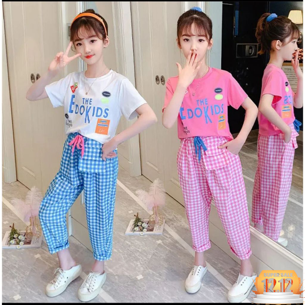 Setelan Anak Perempuan Umur 5 6 7 Tahun-Set Baju Anak Cewek Modis Keren New Bahan Katun Strip Asli