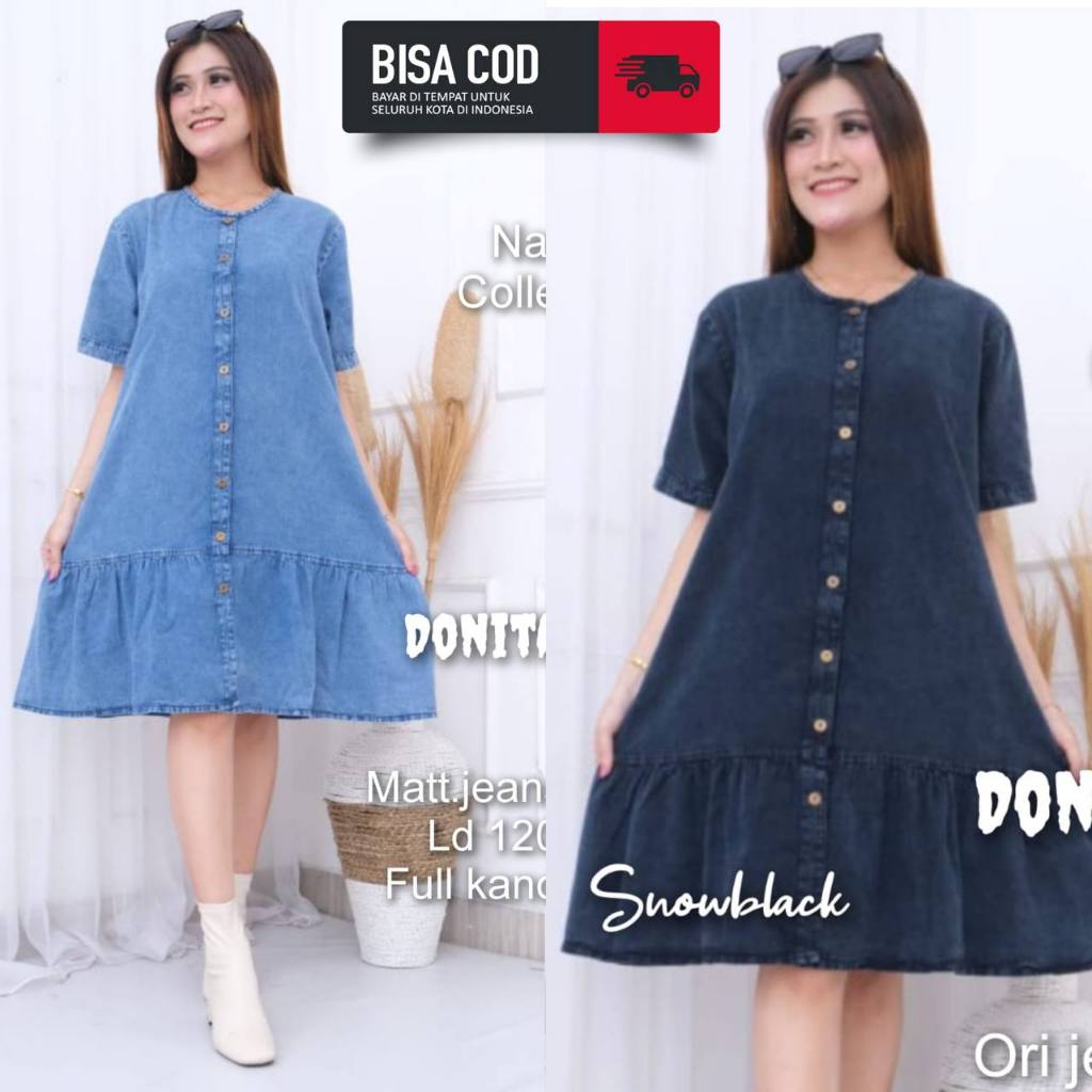 Dress Jeans Wanita Rempel Mini Dress Denim Polos Lengan Pendek Korean Style