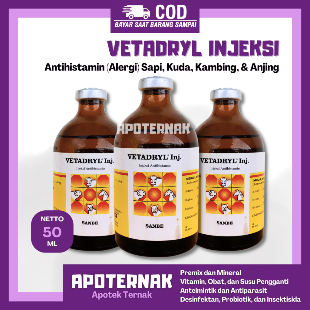 VETADRYL 50ml SANBE - Obat Alergi Makanan Lingkungan Obat Pada Ternak Sapi Kambing Anjing Kucing SAN