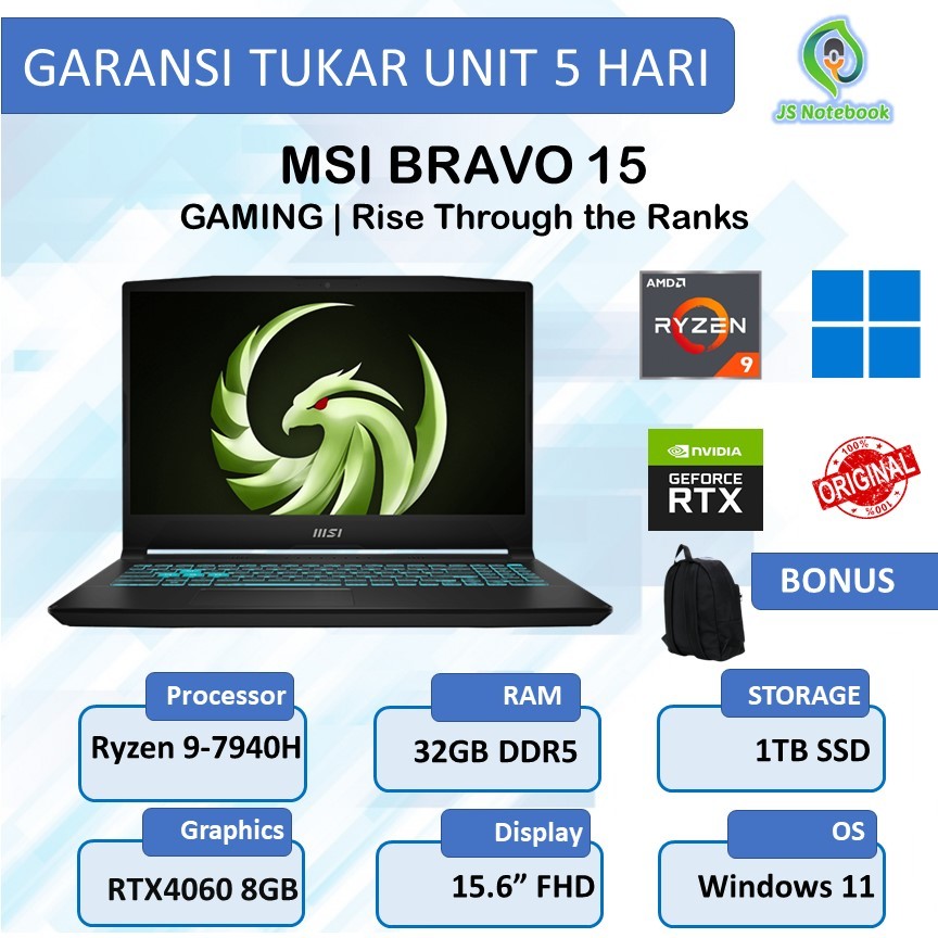 Msi Bravo 15 C7V RTX4060 8GB Ryzen 9-7940H 32GB 1TB SSD Win11