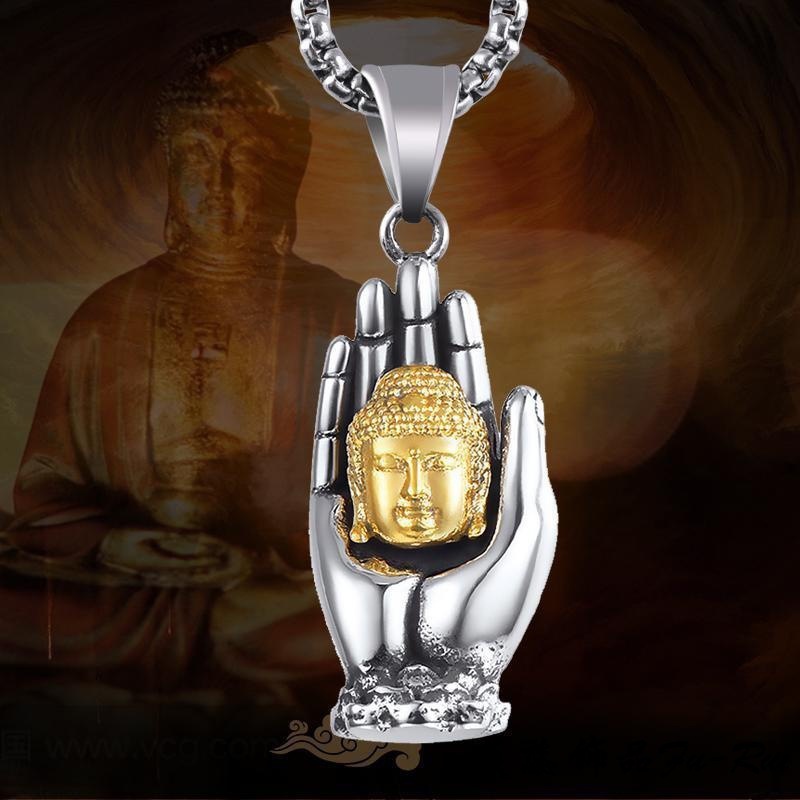 Kalung Tangan Kepala Buddha - Small Simple Silver Gold Budha Head in Hand Pendant + Chain Prayer Nec