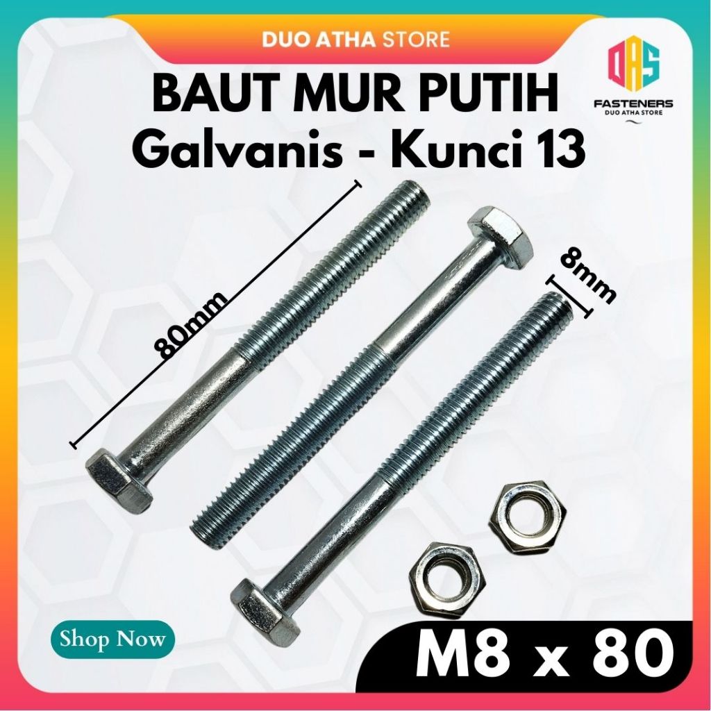 M8x80 Baut Mur M8 X 80 BMP Galvanis Putih