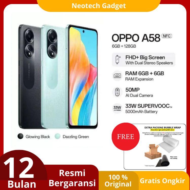 OPPO A58 NFC 6+6GB/128GB Ram 8+8GG/128GB garansi Resmi oppo Indonesia