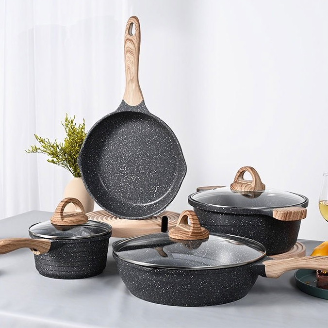 7PCS Set Wajan Anti Lengket Wajan Granit Set Wajan Anti Lengket Bebas PFOA untuk semua Kompor