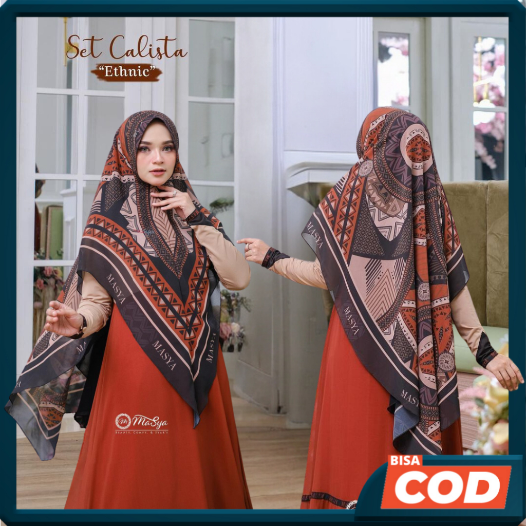 Jilbab Hijab Khimar Ceruty Ceruti Babydoll 2 Layer Merah - Ethnic Motif Printing Premium Masya Syari Original