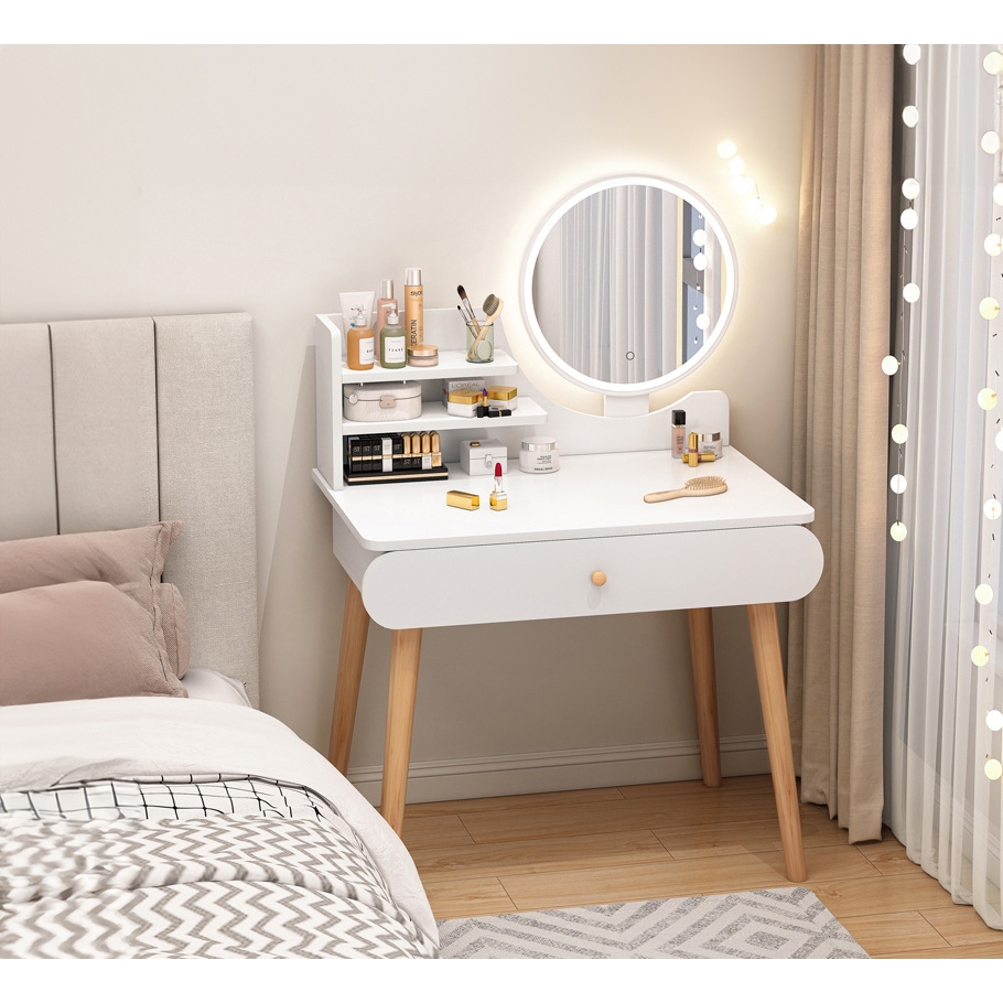 Meja Rias Minimalis Rak Kosmetik Cermin Meja Make-up Lemari Kosmetik Bahan Kayu MDF Kuat