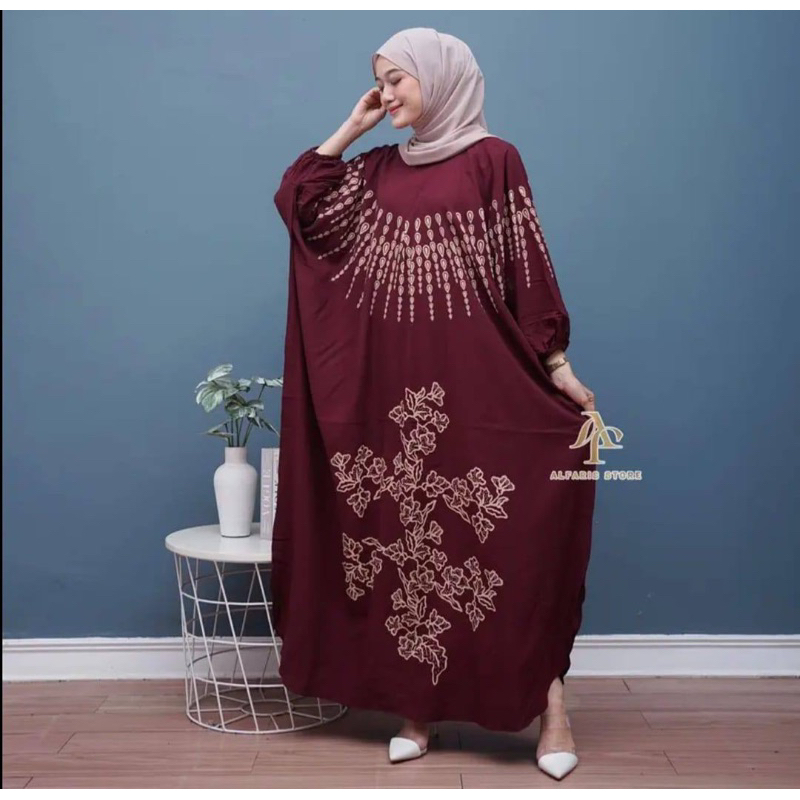 Kaftan Wanita - Daunda Kaftan Size Jumbo XXXXL Motif Daun Lengan Panjang Busui Resleting by Nadira_Fashion / Gamis Rayon Jumbo Kaftan Terbaru-Luna marun