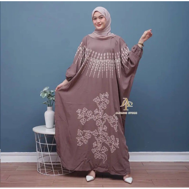 Kaftan Wanita - Daunda Kaftan Size Jumbo XXXXL Motif Daun Lengan Panjang Busui Resleting by Nadira_Fashion / Gamis Rayon Jumbo Kaftan Terbaru-Luna milo