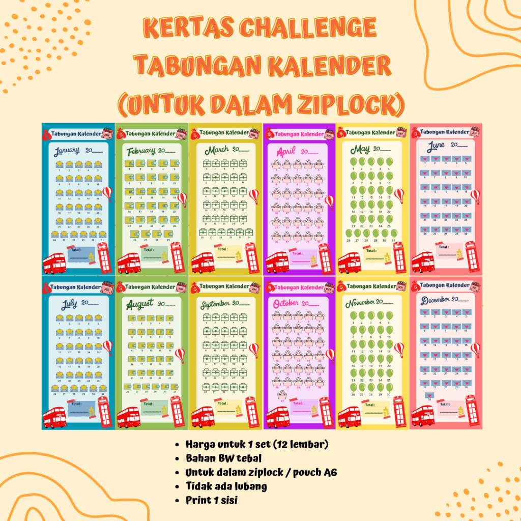 

(Isi 12) Kertas Saving Challenge Menabung Kalender / Kertas Tabungan Kalender