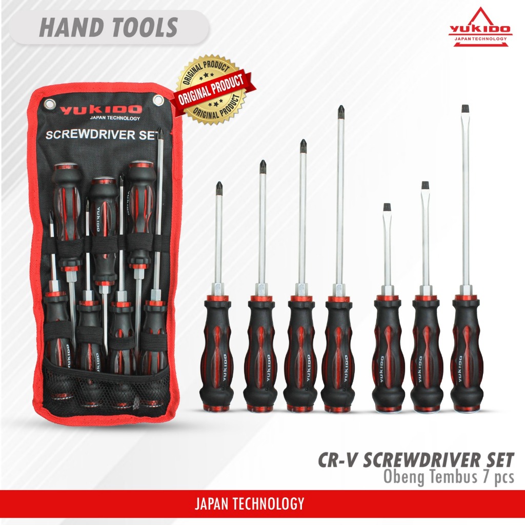 YUKIDO Obeng 1 SET 7 Pcs Obeng Plus Minus Magnet Obeng Gagang CR-V Karet Screwdriver + - Komplit Obe