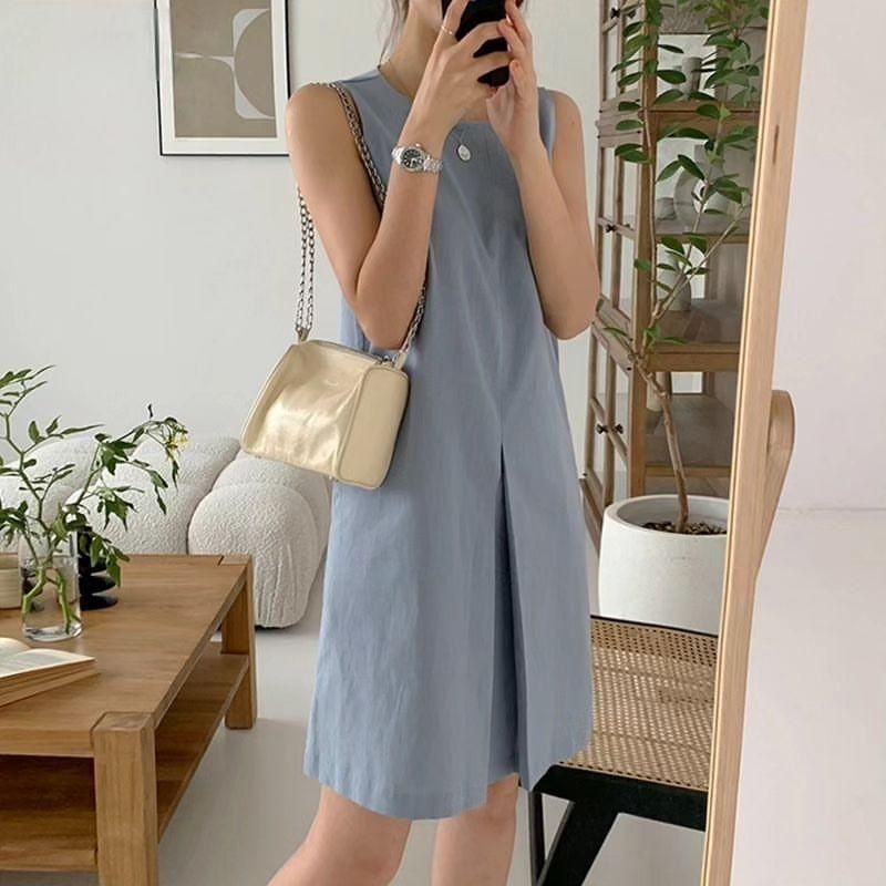 Ezola Midi Dress Kutung Dress Wanita basic Korea Tanpa Lengan Matt Linen Premium OOTD Fashion Remaja
