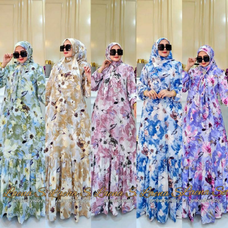 gamis one set gamis+hijab gamis cerruty gamis muslimah gamis motip bunga edisi laena dress Amore by 