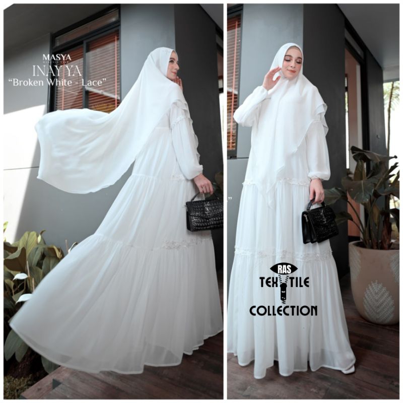Set Gamis Dress Busui Friendly Ceruty Babydoll Premium Syari Branded Warna Putih Tulang - Broken Whi