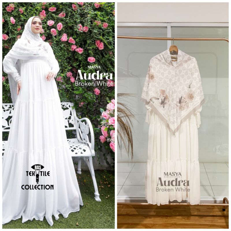 Set Gamis Dress Ceruty Babydoll Syari Branded Warna Putih Tulang - Broken White Mewah Masya Syari Or