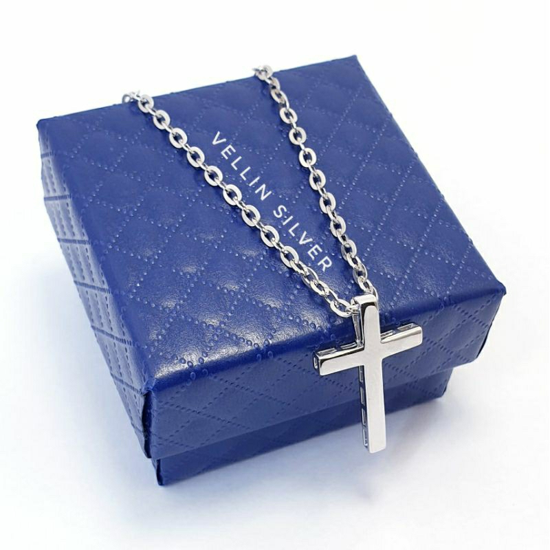 Kalung Salib Polos Perak 925 Asli Lapis Emas Putih - Kalung Nori Polos dan Salib Polos Silver 925