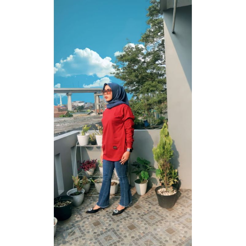 KAOS POLOS WANITA LENGAN PANJANG  BAWAH OVAL  T-SHIRT ATASAN WANITA SEMI TUNIK ATASAN LENGAN PANJANG