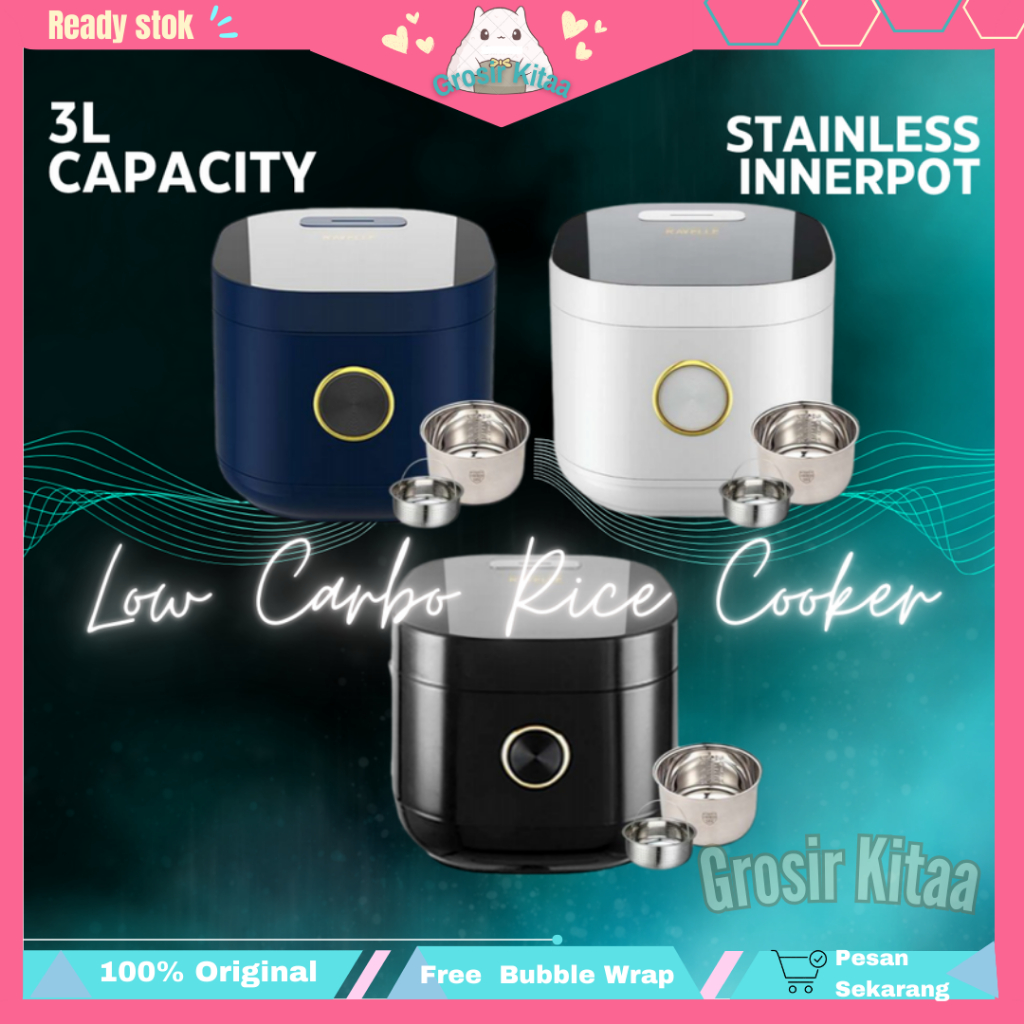 Ravelle Rice Cooker Digital Low Carbo 3 Liter Stainless Innerpot Anti Bacterial