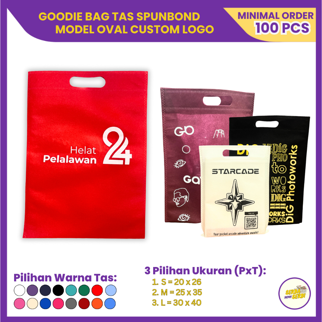 

Custom Sablon Tas Spunbond Oval Goodie Bag Suvenir Hajatan Logo 75 Gr