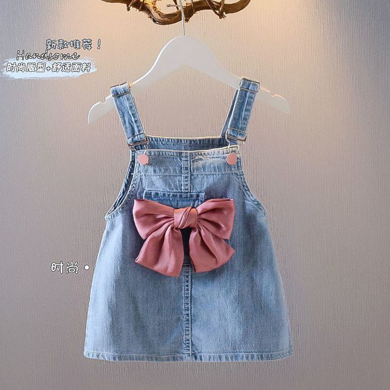Langsung Atc.. [PRINCESS KESLI] 1-7 Tahun Overall Anak Denim Jeans Pita Pink Perempuan Soft Mini Dre