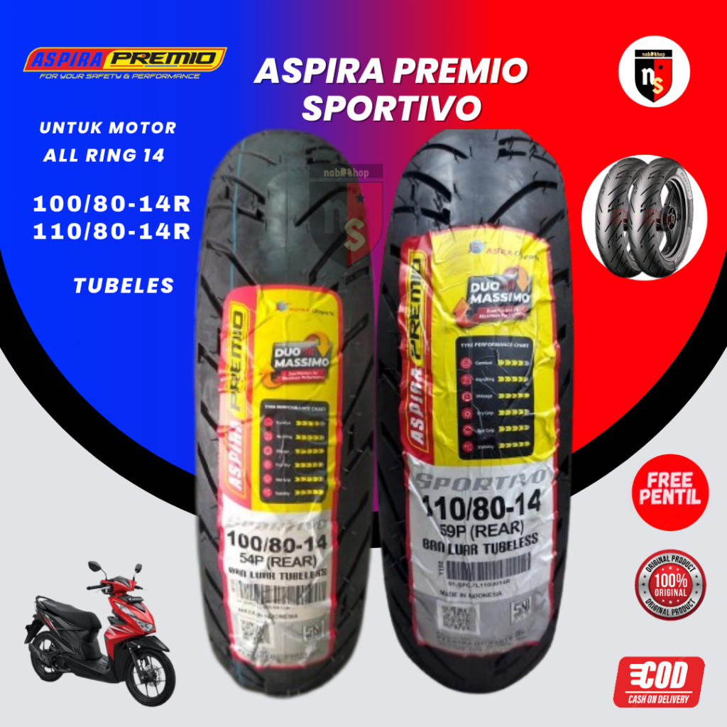 Ban Motor Aspira Premio Sportivo 100/80-14 110/80-14 Rear Ban Belakang untuk Aerox Vario Beat