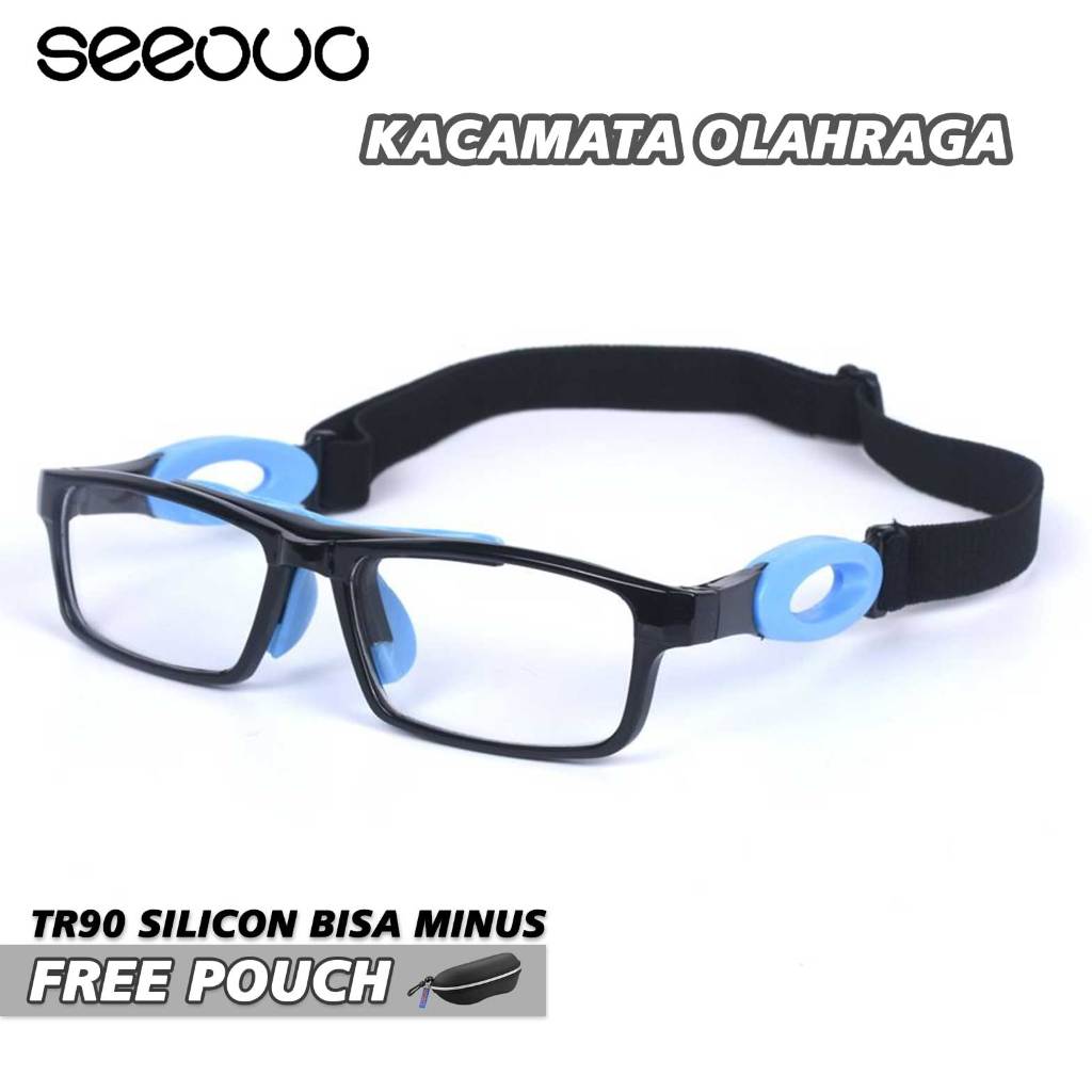 Seeouo Frame Kacamata Sport Olahraga Basket, Futsal, Voli Model Kotak TR90+Silicone Bisa Minus Pria 