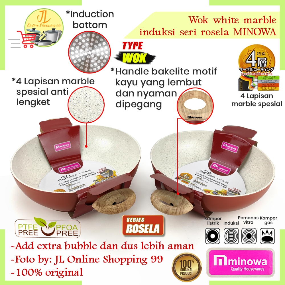 MINOWA wok 28cm/30cm white marble series rosela ceramic anti lengket WK-28/WK-30 / wajan penggorenga