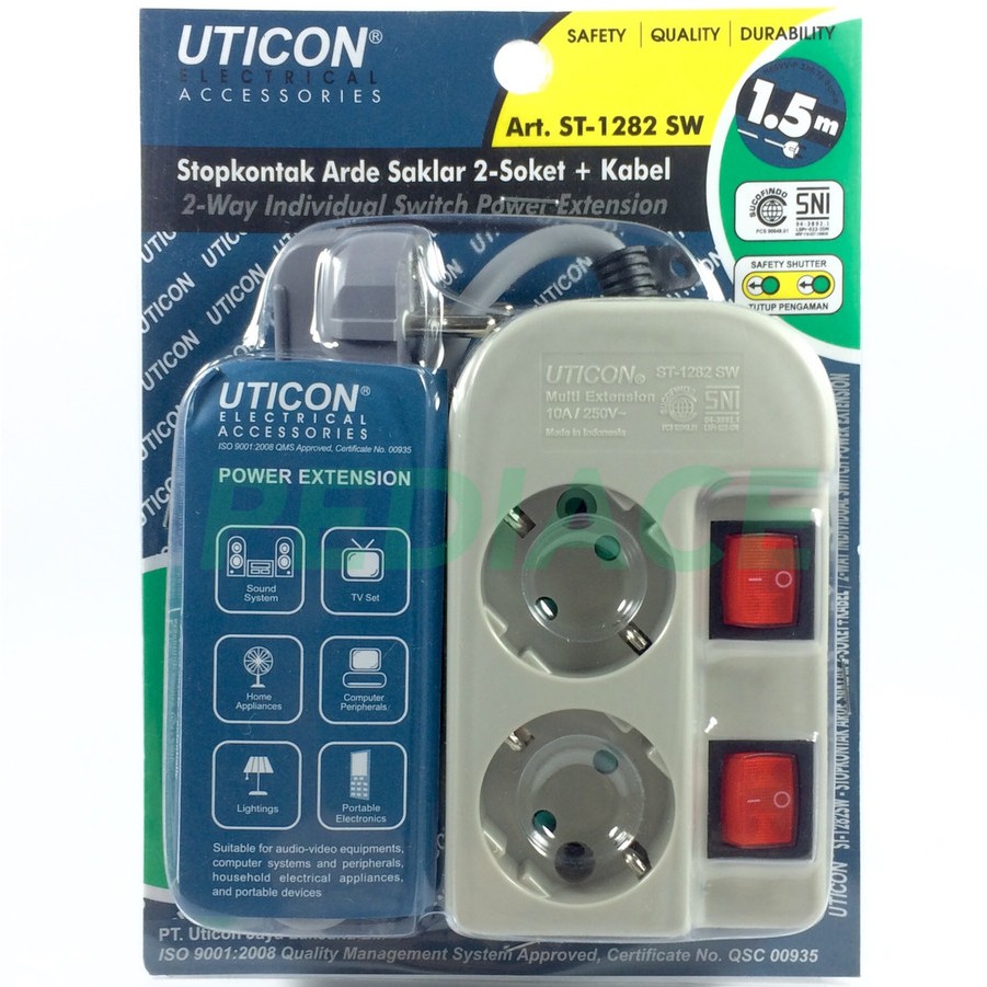 UTICON ST-1282SW Stop Kontak Saklar 2 Lubang 1,5 Meter Kabel Colokan L