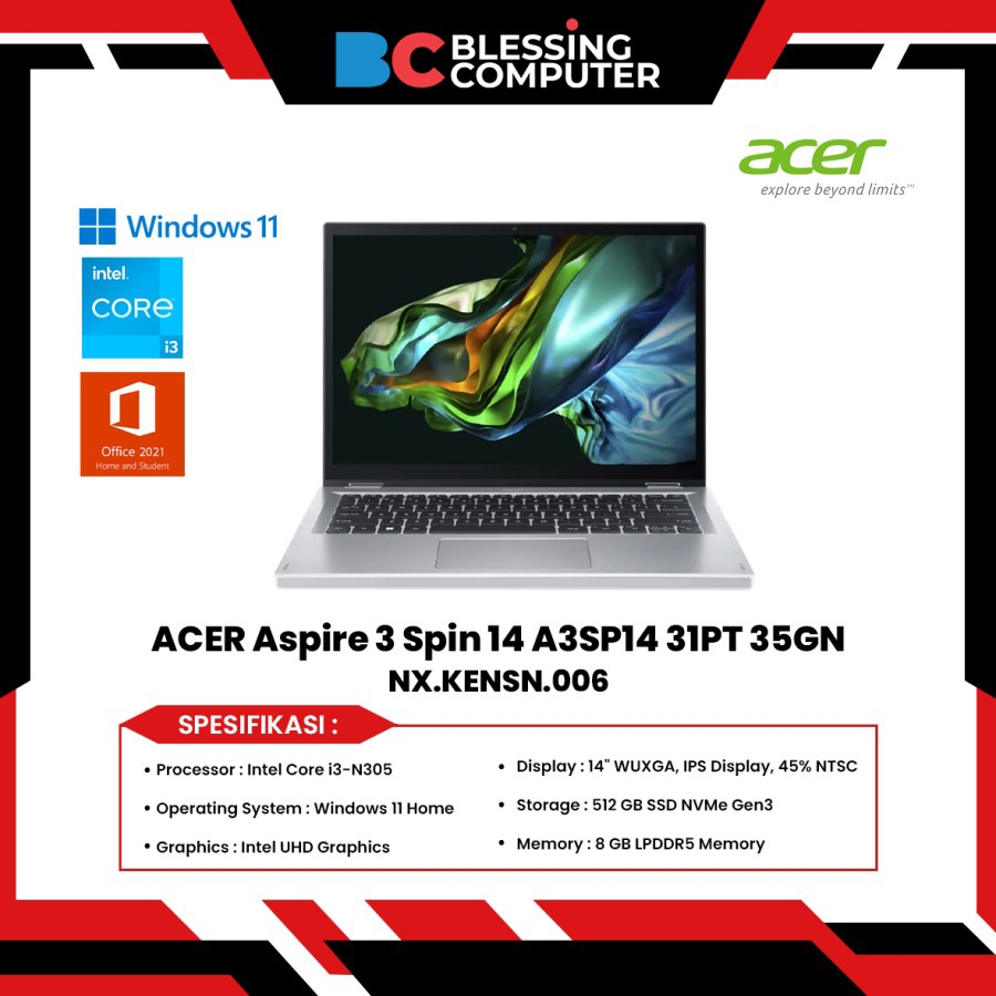 ACER Aspire 3 Spin 14 A3SP14 31PT 35GN Core i3 N305 8GB 512GB W11 OHS