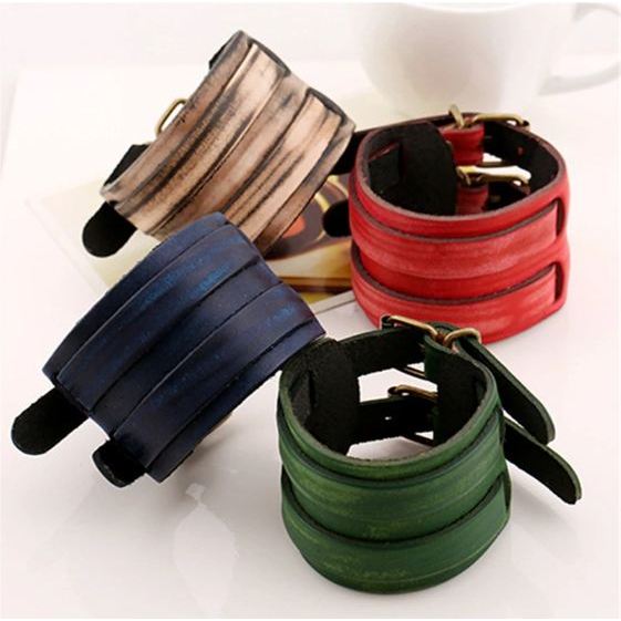 Gelang Sabuk Kulit Lebar Merah Hitam Coklat Biru Krem Hijau - Colourful Double Belt Buckle Leather B