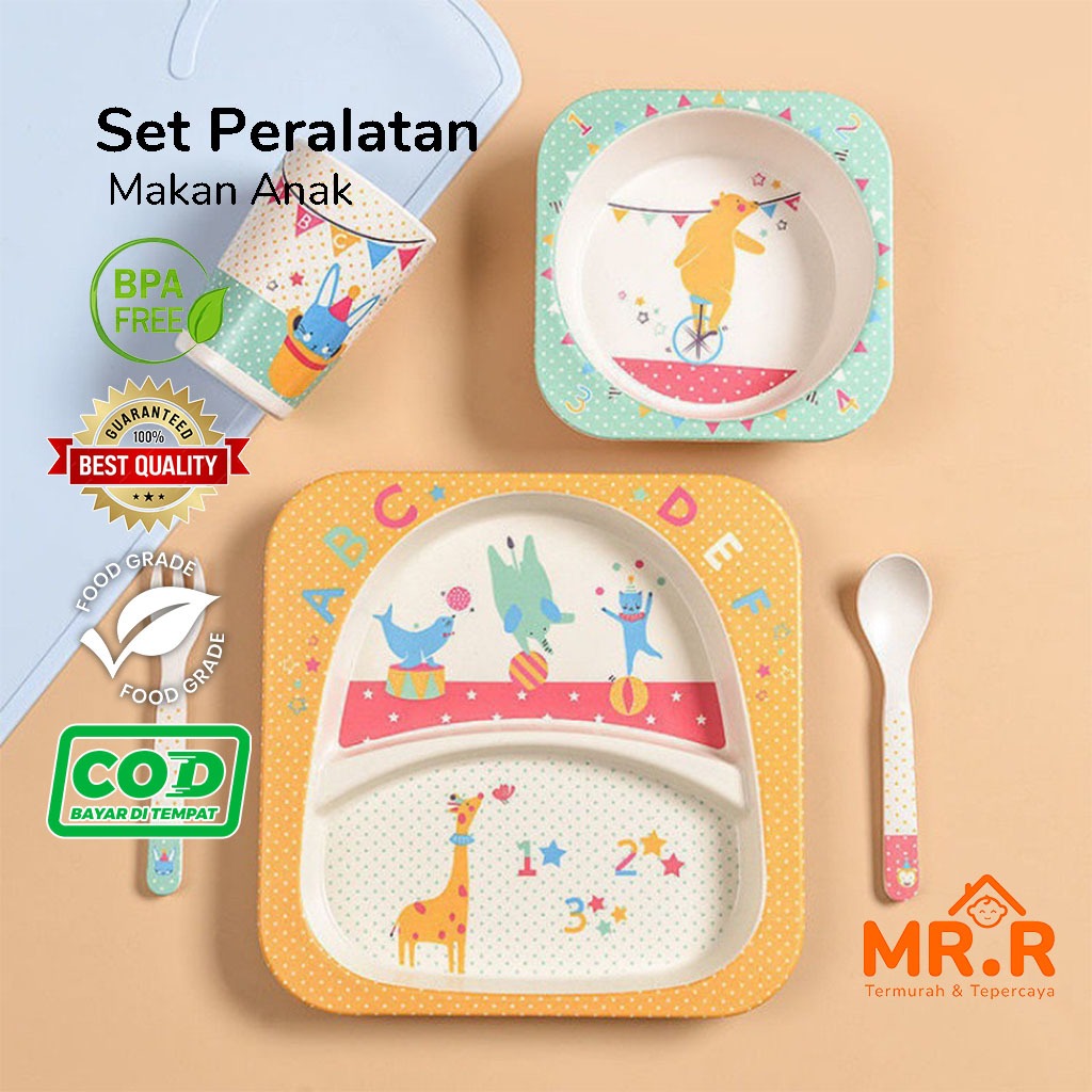 Set Peralatan Makan Karakter Lucu Bamboo Fiber Freckles Feeding Set Piring Mangkok Gelas Sendok dan 