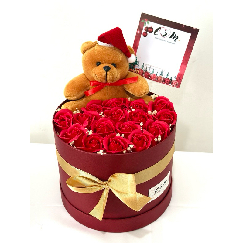 

ESMGIFTS - [CHRISTMAS EDITION] TEDDY BEAR XMAZ BLOOM BOX FLOWERS - Soap Flowers Bloom Box/ Buket Bunga Sabun/ Bunga Mawar Sabun/ Buket Bunga Natal/ Hampers Natal/ Teddy Bear Natal/ Boneka Beruang Natal