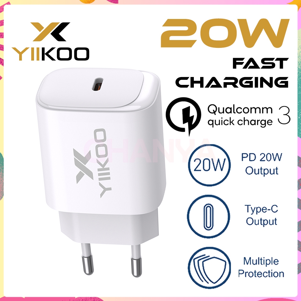 Yiikoo Kepala Charger Type C PD 20W Fast Charging Adaptor QC 3 iPhone