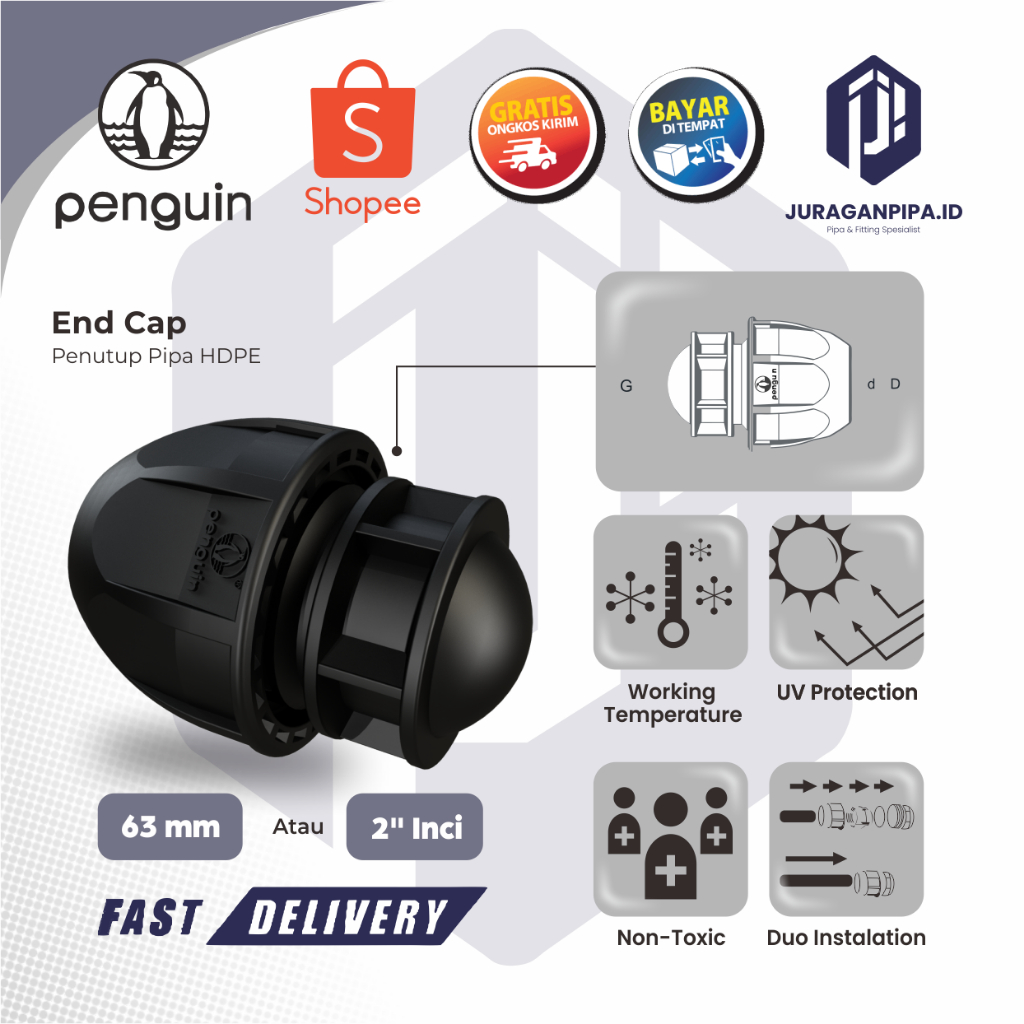 Sambungan Pipa HDPE ~ End Cap Penguin 63 mm