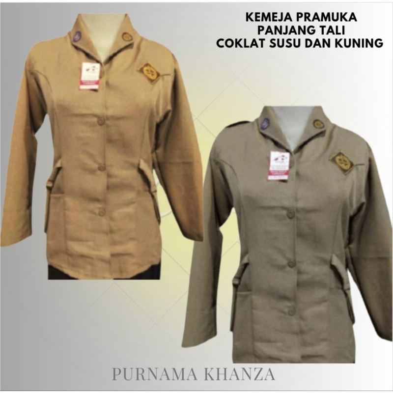 seragam sekolah baju pramuka lengan panjang prempuan tali kana kiri smp sma coklat susu coklat kunin