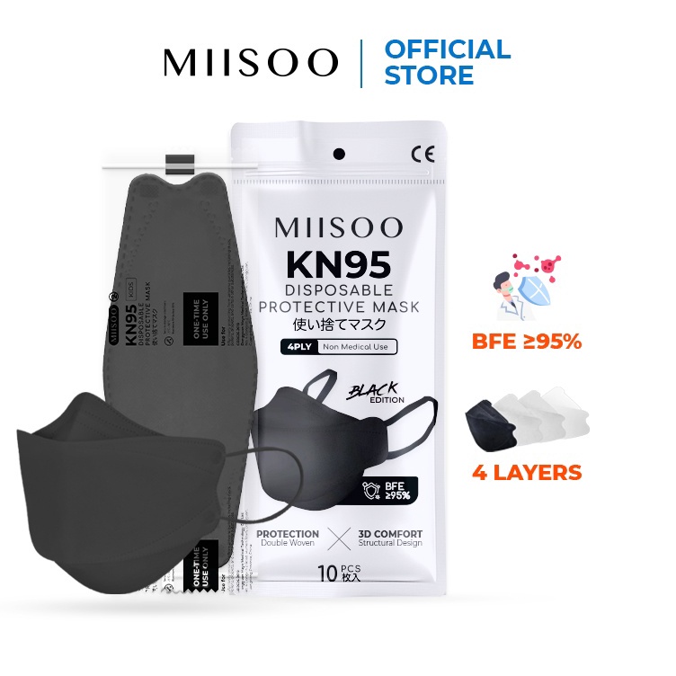 ⇫ MIISOO Disposable Mask Per BOX EVO Hitam KN95 BFE 95% Masker Kesehatan wajah 4ply Facemask KF94 BN