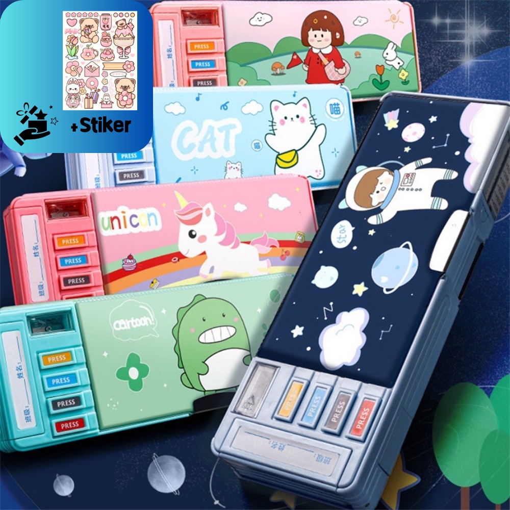 

✨STAR✨ Tempat Pensil Multifungsi Motif Unicorn / Dinosaurus / Astronot Untuk Anak Tk/Kotak Pensil Pola Kartun Lapisan Ganda Tunggal dengan Rautan Kapasitas !!!