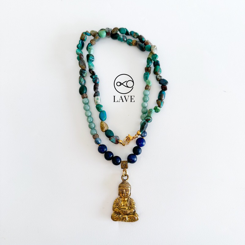 Buddha Blue Big Azurite Kyanite Jade Turqoise Crystal Mala Necklace