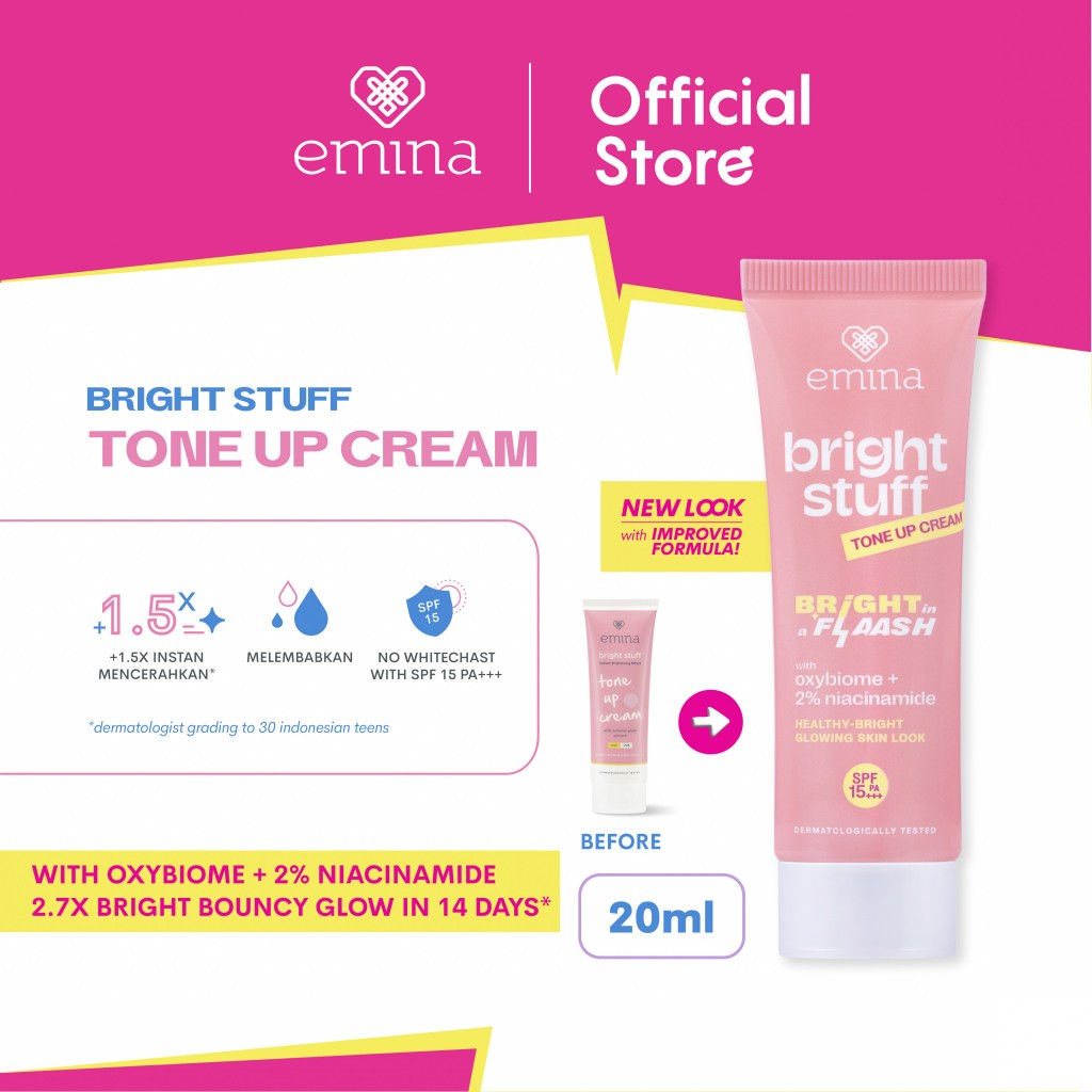 Foto NEW! Emina Bright Stuff Tone Up Cream 20 mL - Pelembab Wajah Mencerahkan Instan, Perlindungan dari Sinar UV