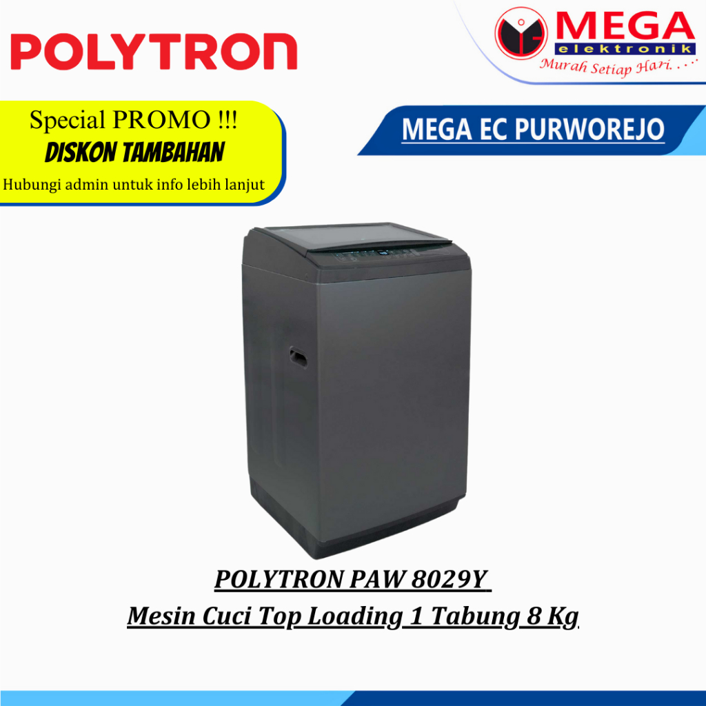 Mesin Cuci POLYTRON PAW 8029Y Mesin Cuci Top Loading 1 Tabung 8 Kg