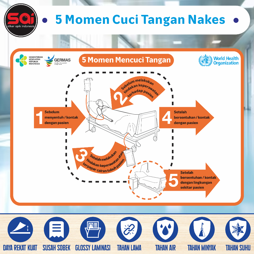

stiker vinyl anti air 5 MOMEN CUCI TANGAN NAKES STANDAR WHO laminasi glossy