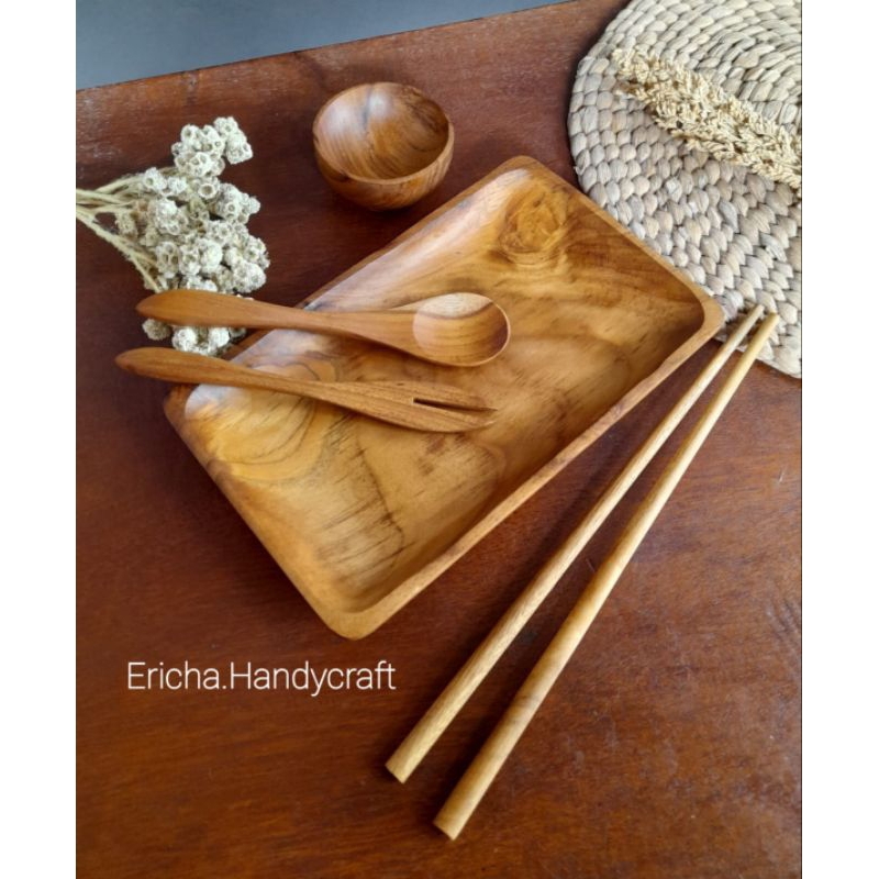 piring sushi kotak set kayu jati 20cm/paket piring jati 20cm